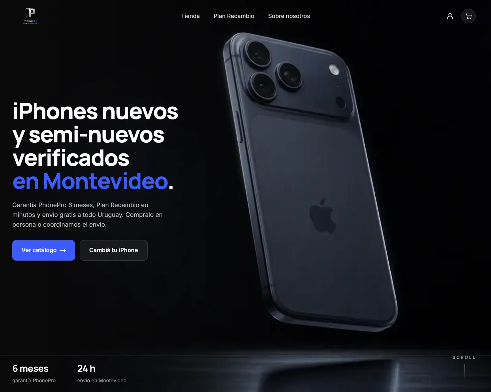 Home de PhonePro: iPhones nuevos y semi-nuevos verificados en Montevideo